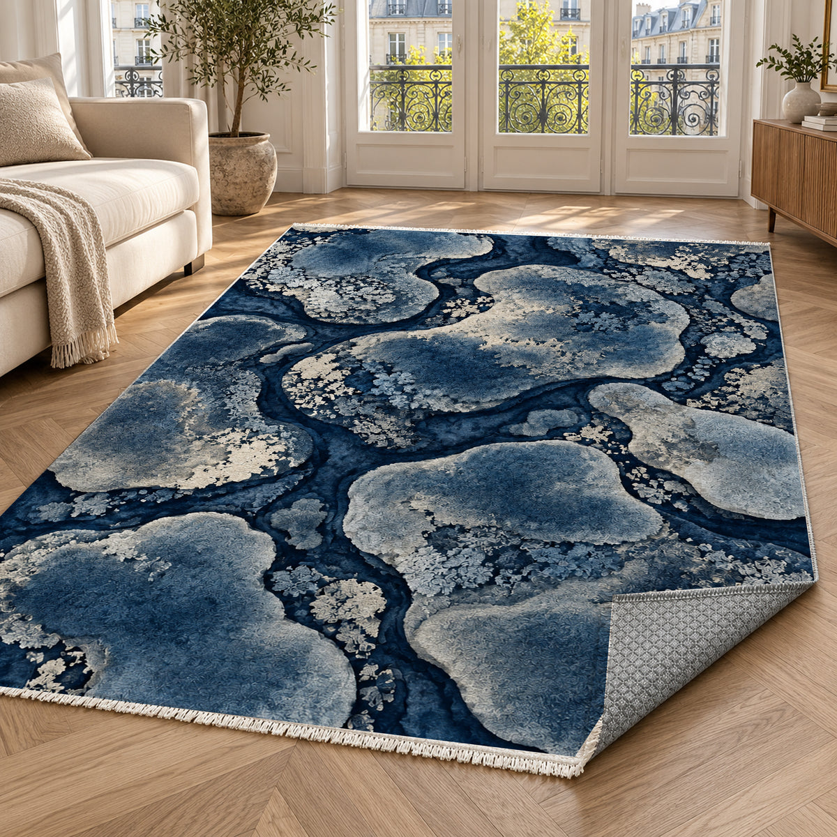 Moss Islands Indigo Floral Washable Rug — paris living