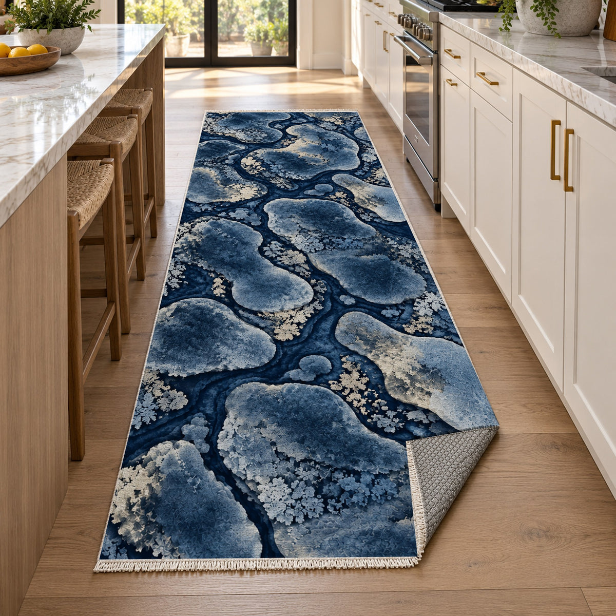 Moss Islands Indigo Floral Washable Rug — new york kitchen runner