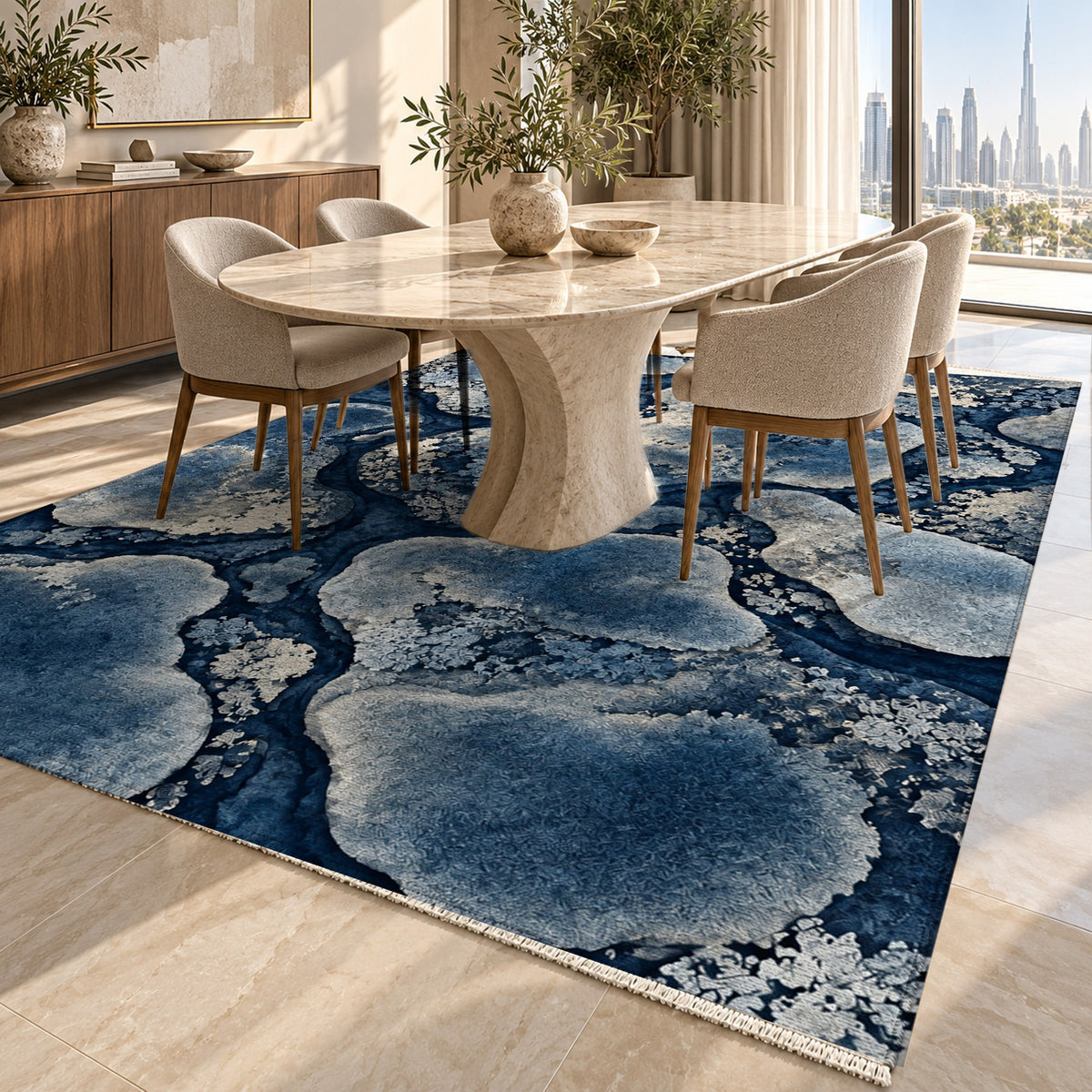 Moss Islands Indigo Floral Washable Rug — dubai dining