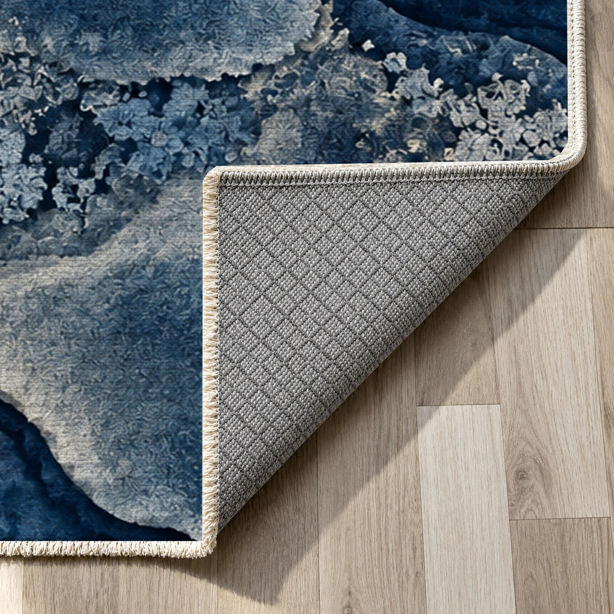 Moss Islands Indigo Floral Washable Rug — backing close up