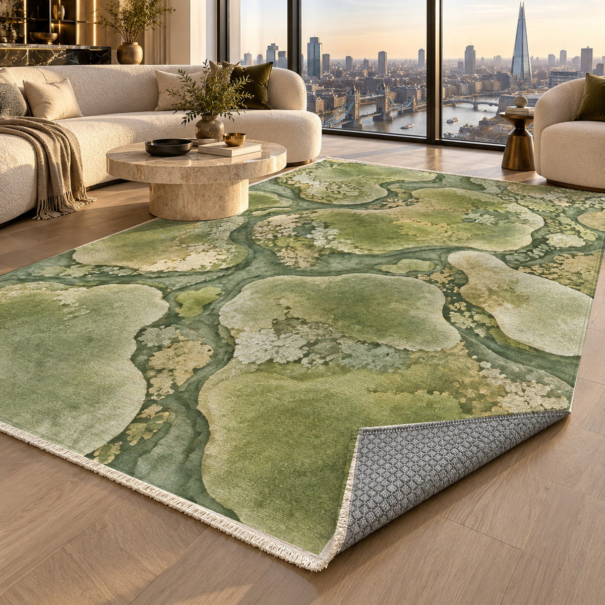 Moss Islands Sage Floral Washable Rug — london luxury living