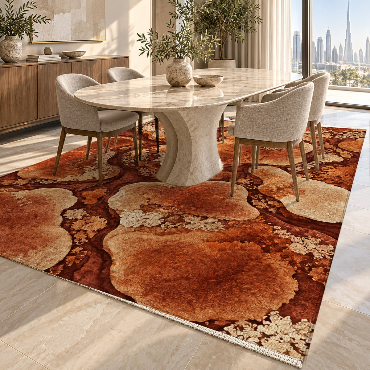 Moss Islands Terracotta Floral Washable Rug — dubai dining