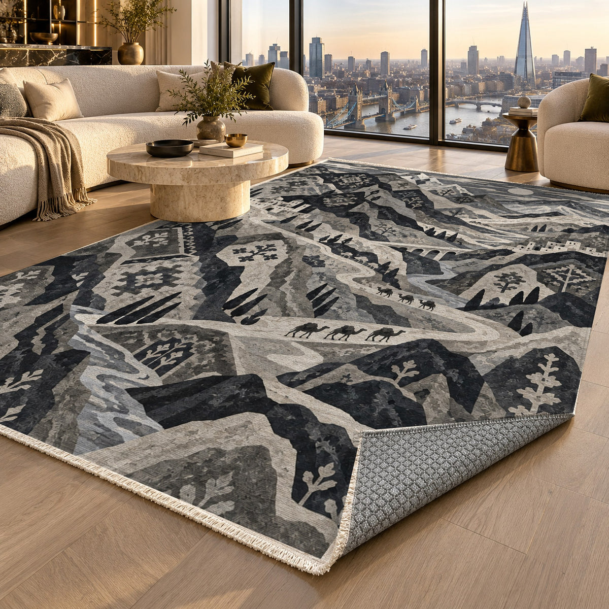 Mountain Passage Charcoal Ethnic Washable Rug — london luxury living