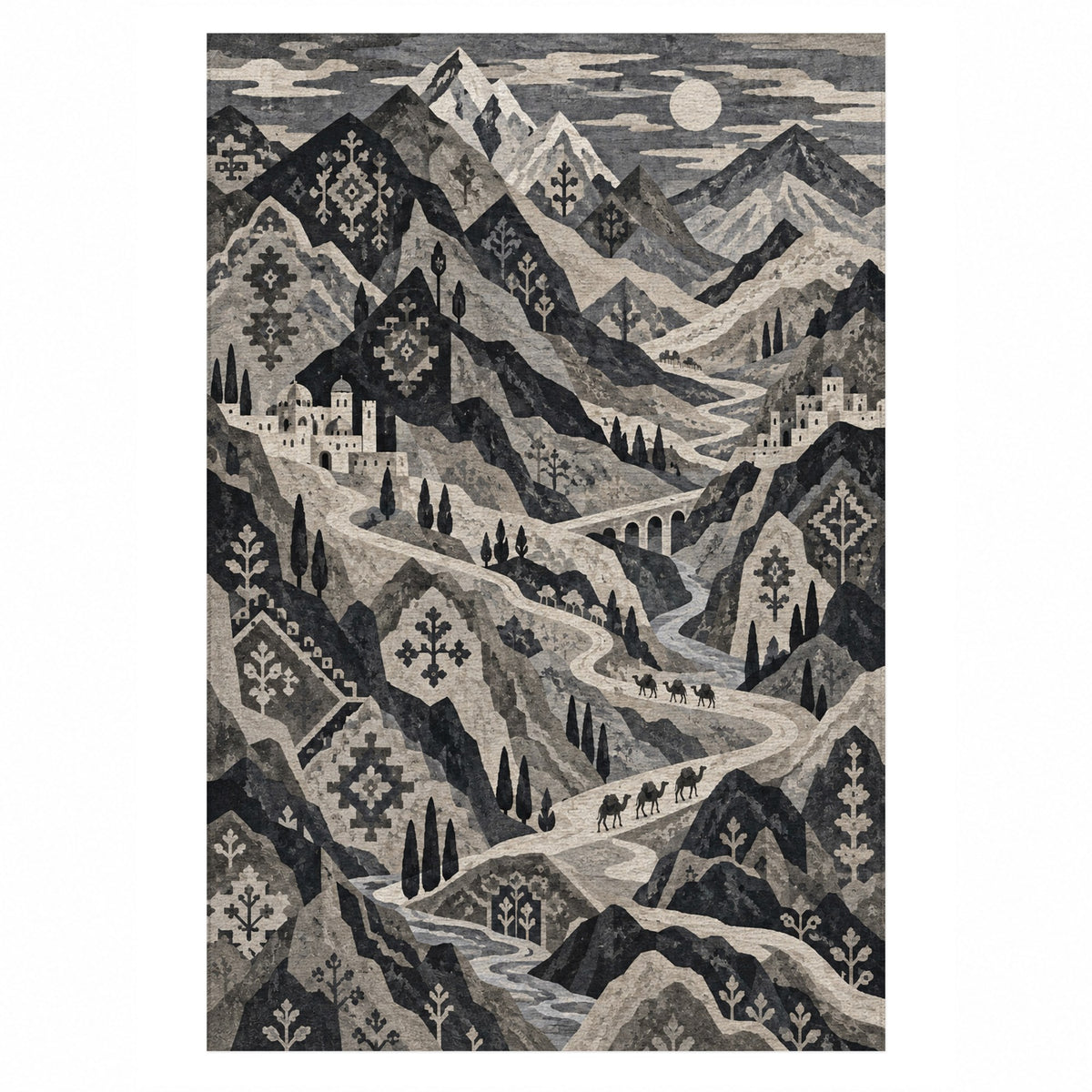 Mountain Passage Charcoal Ethnic Washable Rug — top view