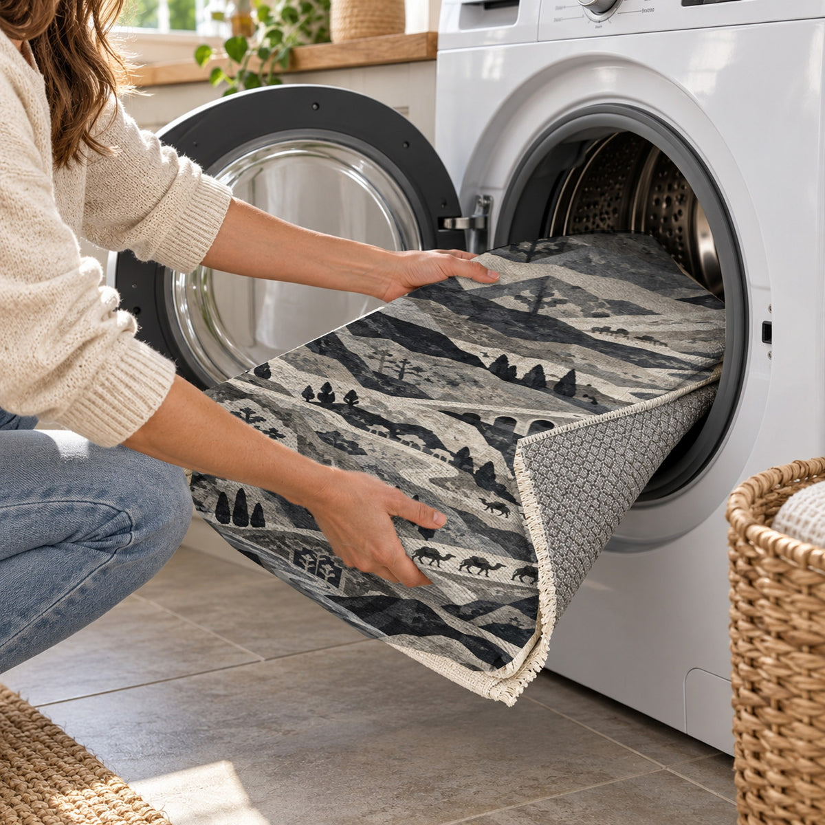 Mountain Passage Charcoal Ethnic Washable Rug — washing machine