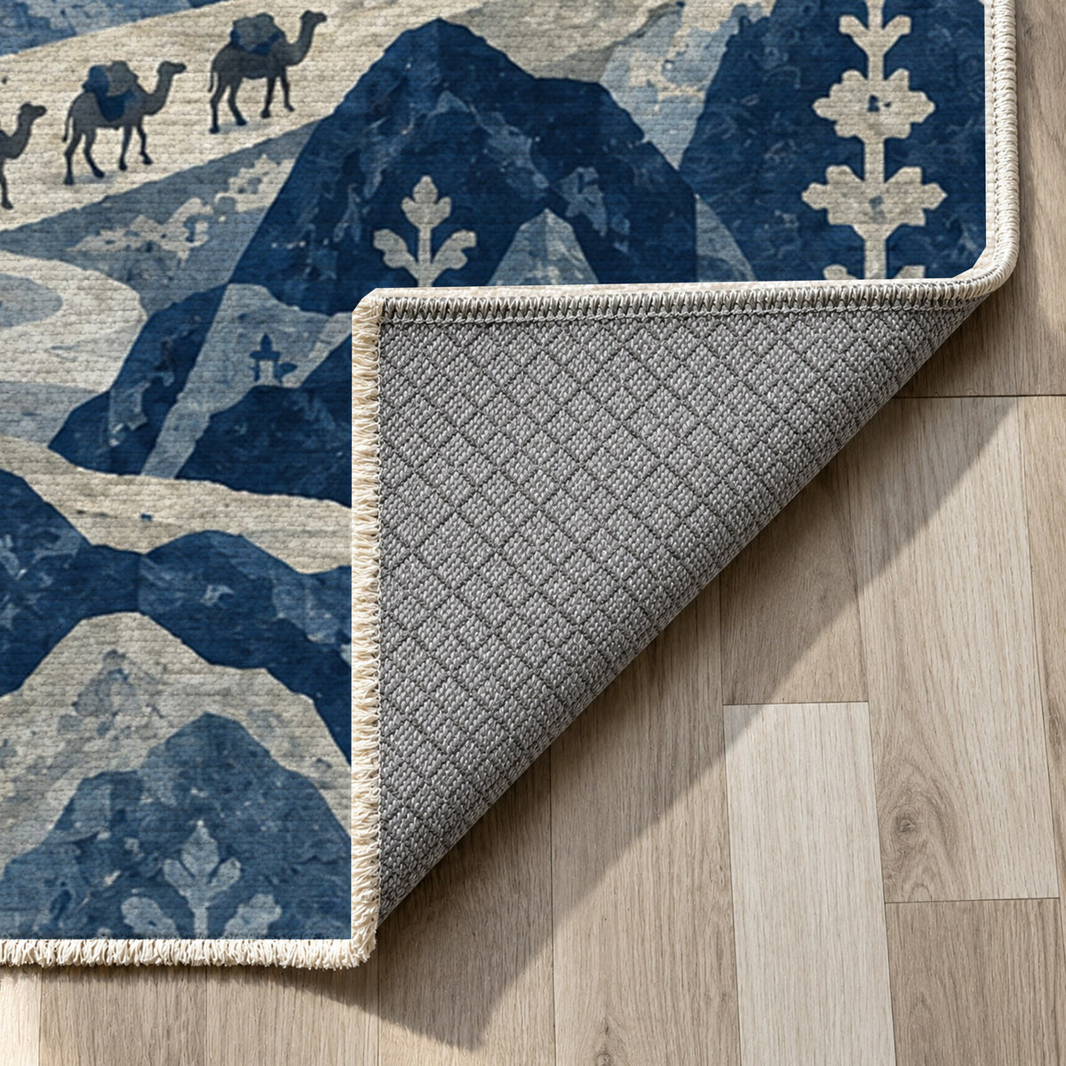 Mountain Passage Indigo Ethnic Washable Rug — backing close up