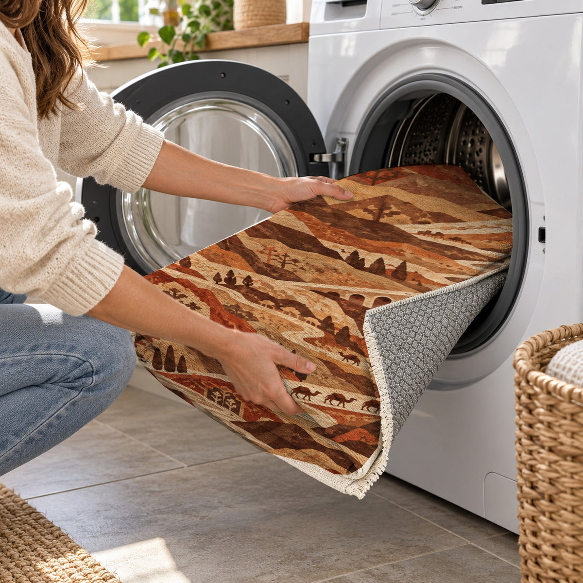 Mountain Passage Terracotta Ethnic Washable Rug — washing machine
