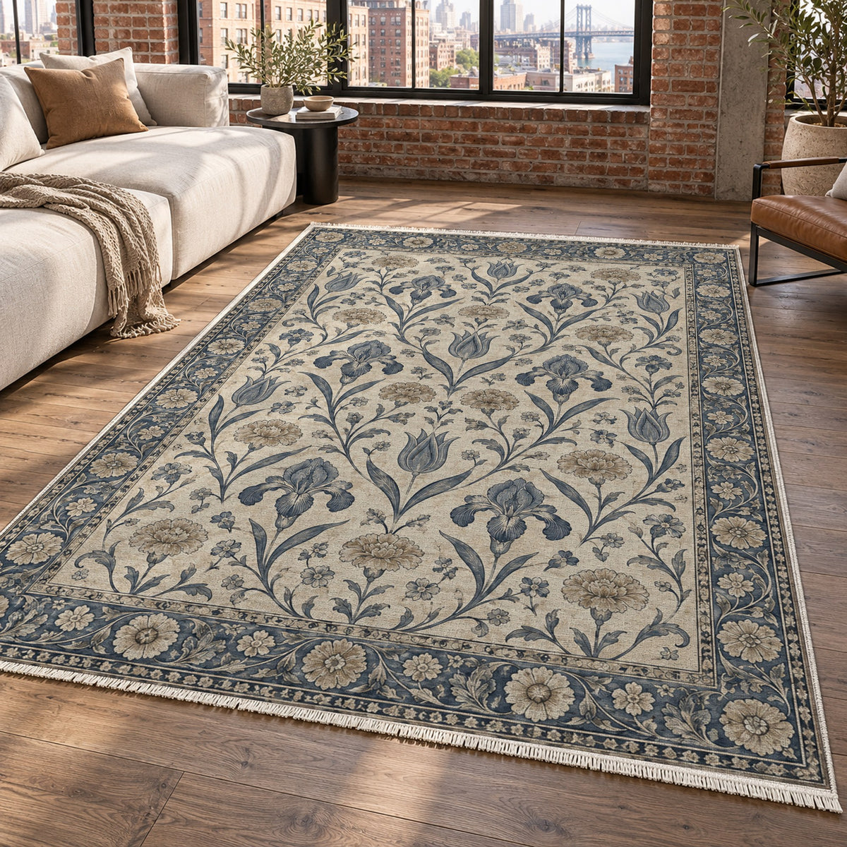 Mughal Blooms Blue Ivory Classic Washable Rug — new york living