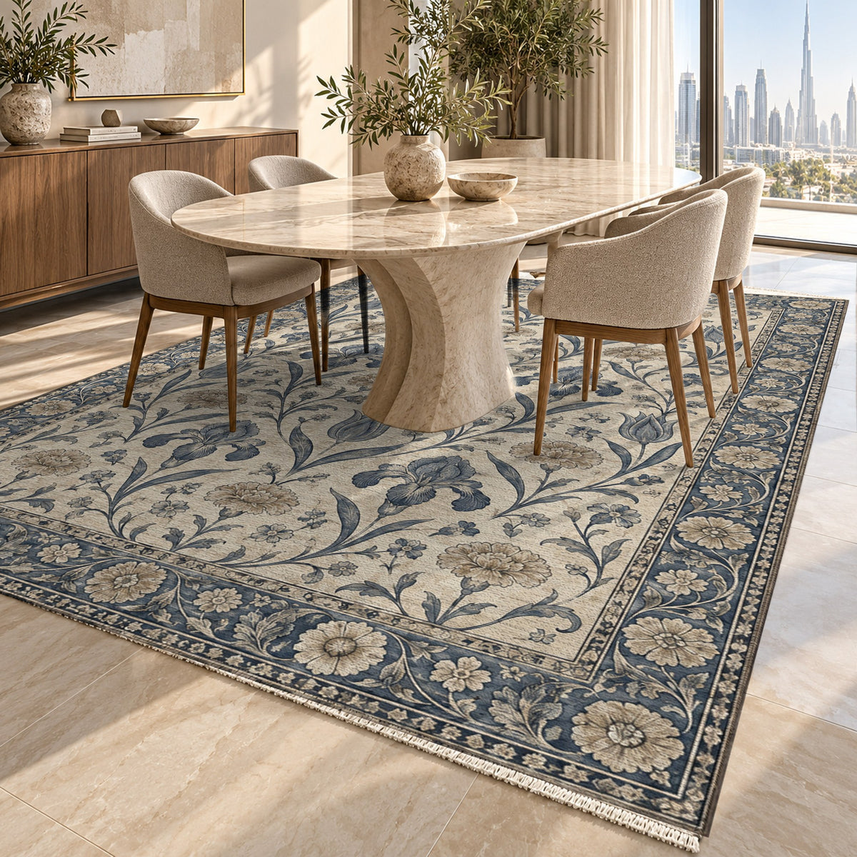 Mughal Blooms Blue Ivory Classic Washable Rug — dubai dining