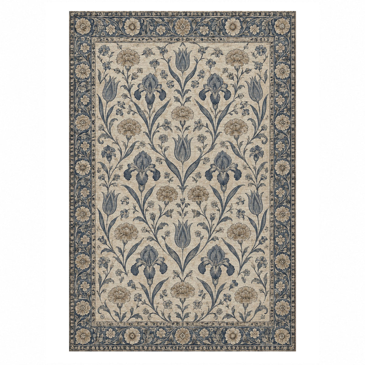 Mughal Blooms Blue Ivory Classic Washable Rug — top view