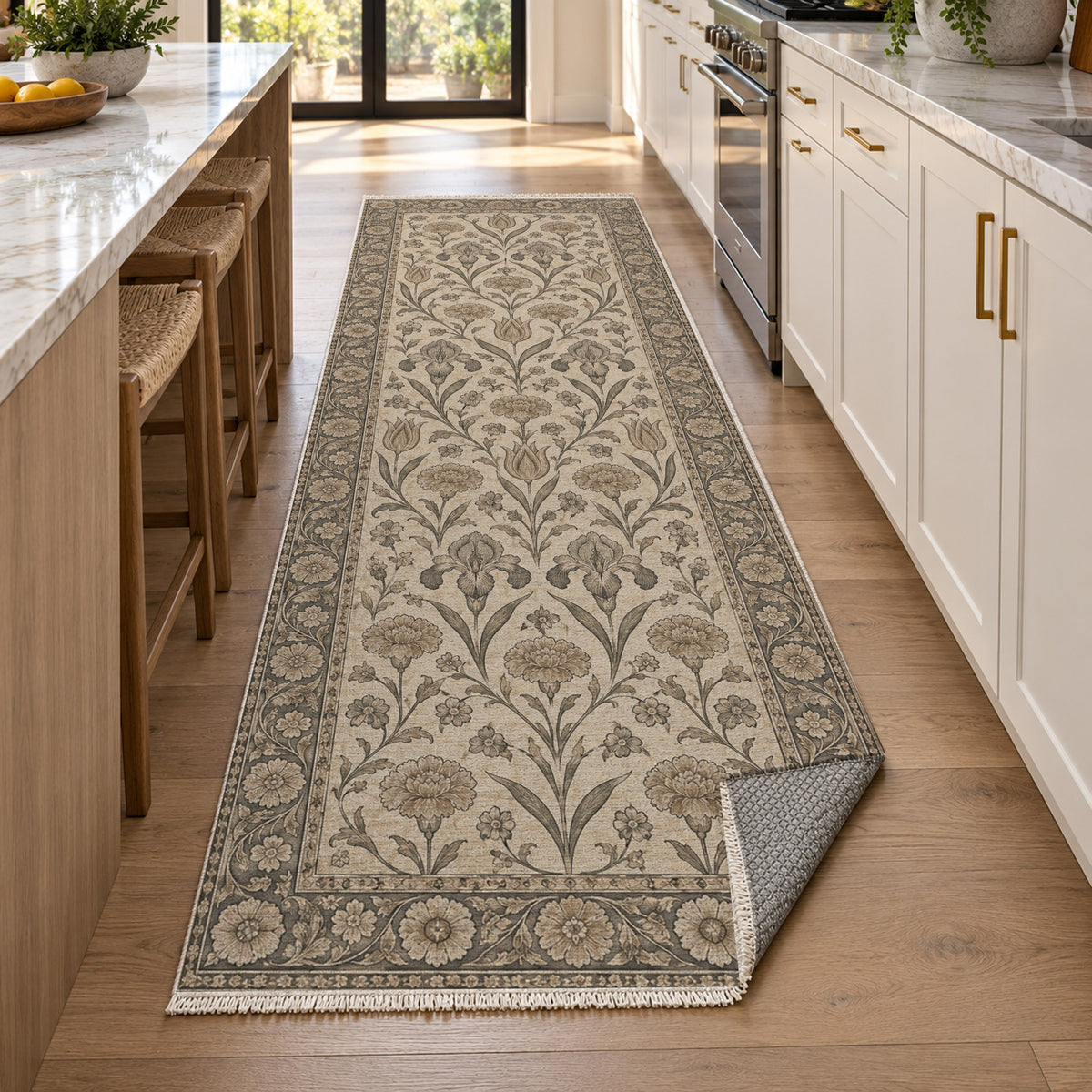 Mughal Blooms Ivory Taupe Classic Washable Rug — new york kitchen runner