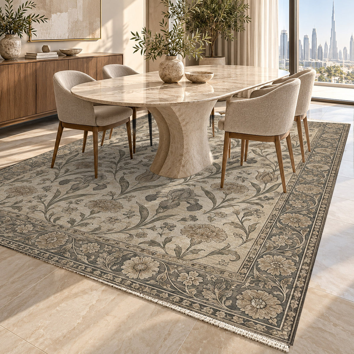 Mughal Blooms Ivory Taupe Classic Washable Rug — dubai dining