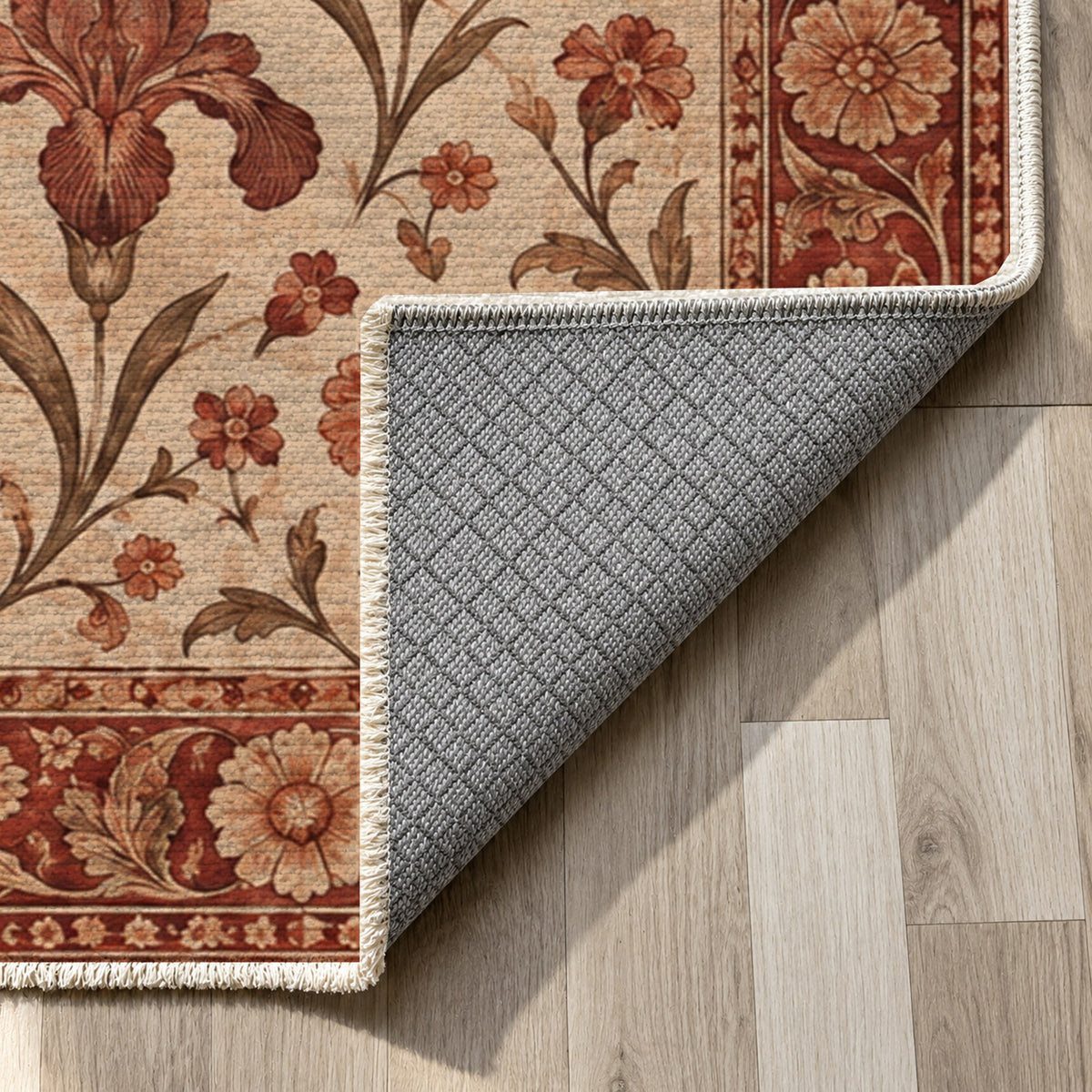 Mughal Blooms Rust Sand Classic Washable Rug — backing close up