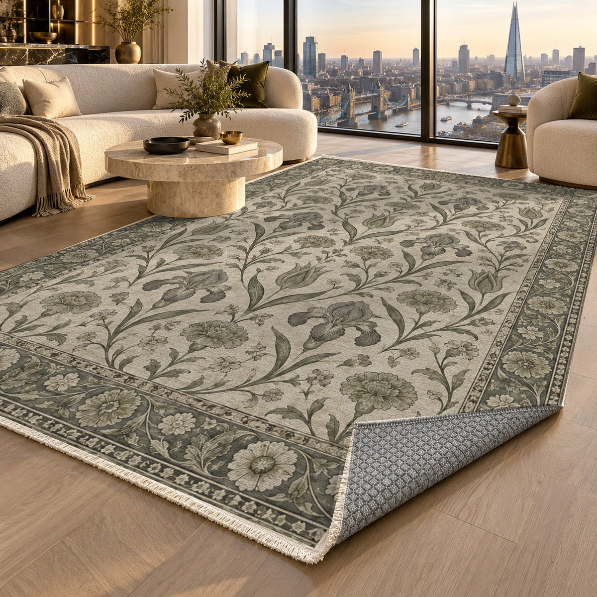 Mughal Blooms Sage Stone Classic Washable Rug — london luxury living