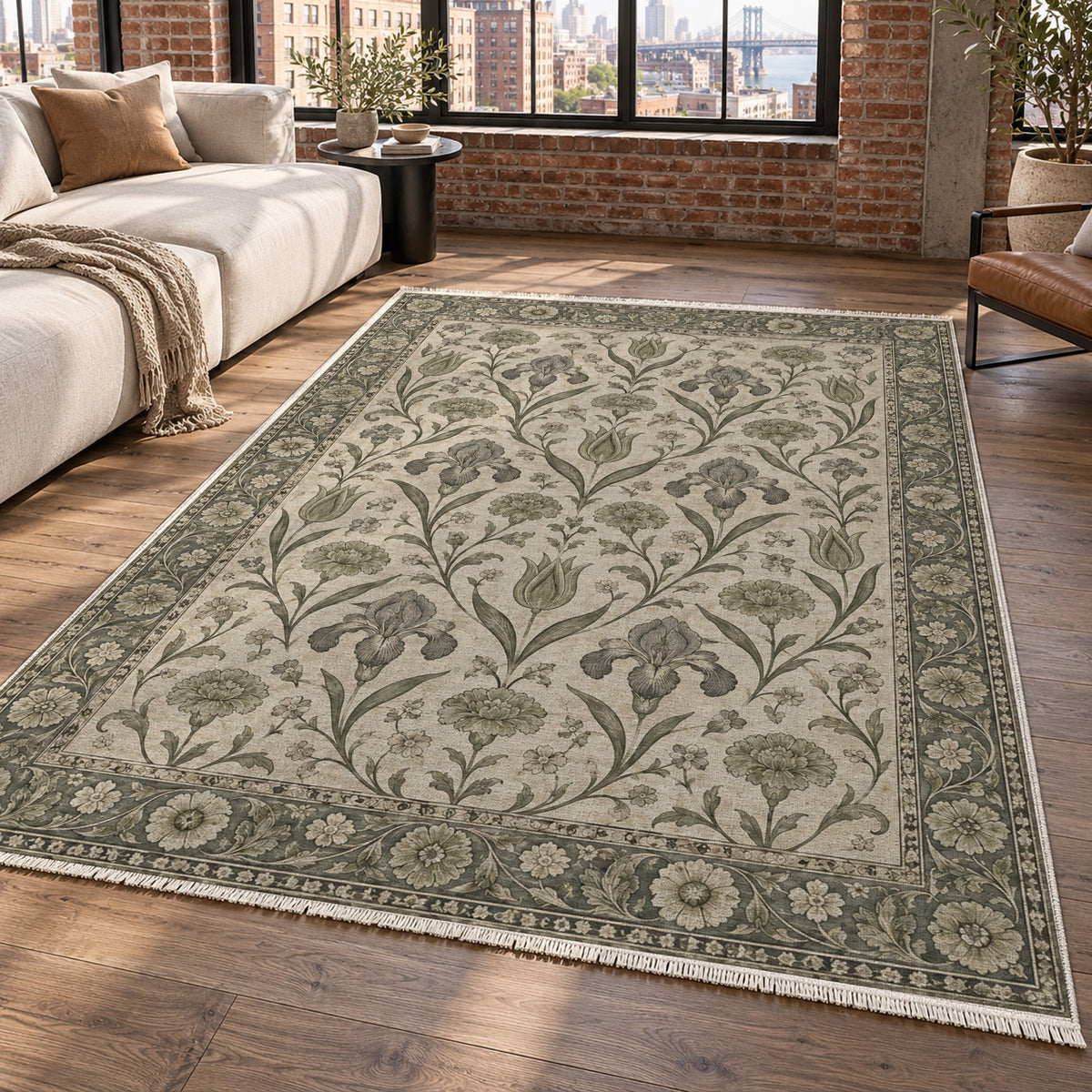 Mughal Blooms Sage Stone Classic Washable Rug — new york living