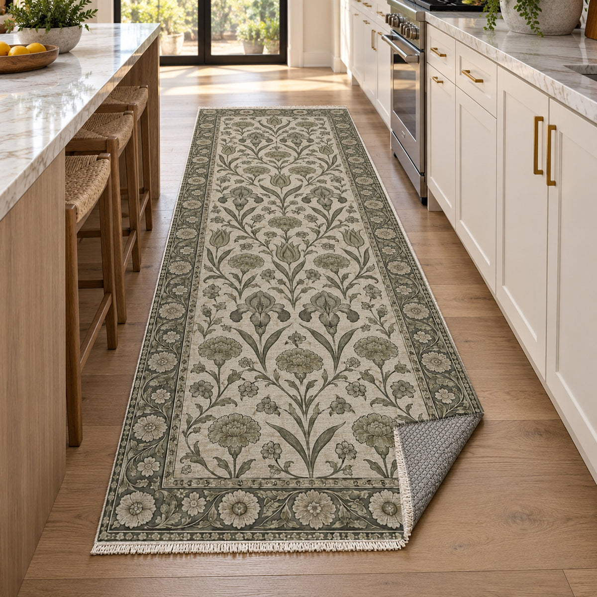 Mughal Blooms Sage Stone Classic Washable Rug — new york kitchen runner