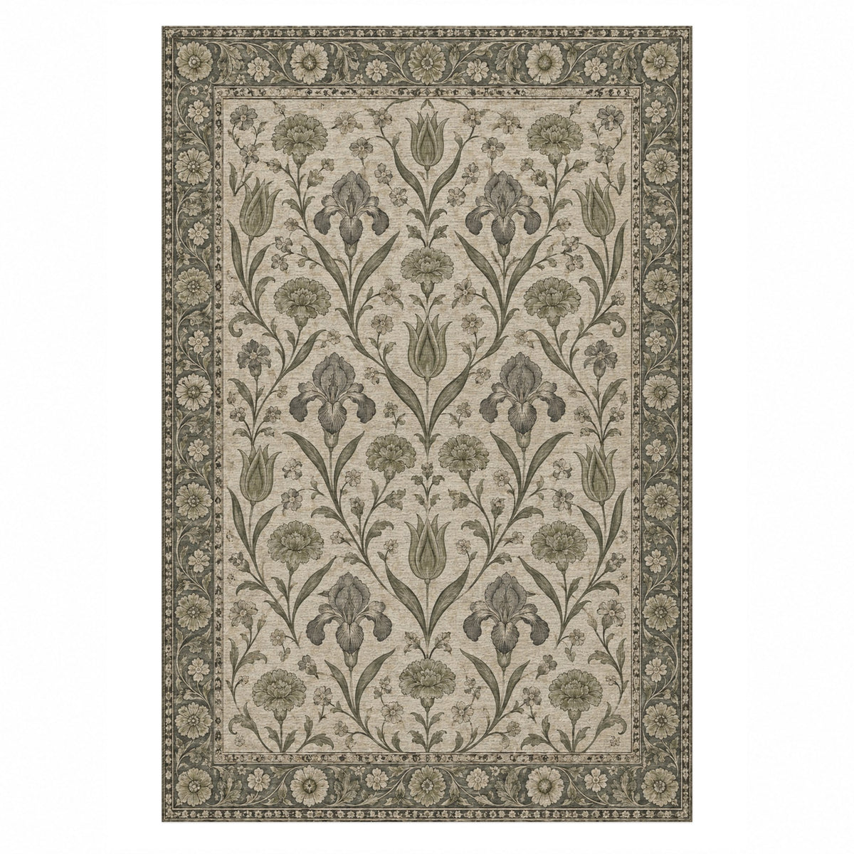 Mughal Blooms Sage Stone Classic Washable Rug — top view