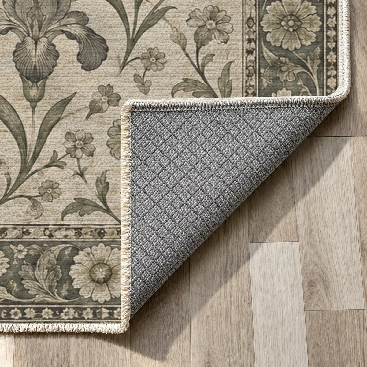 Mughal Blooms Sage Stone Classic Washable Rug — backing close up