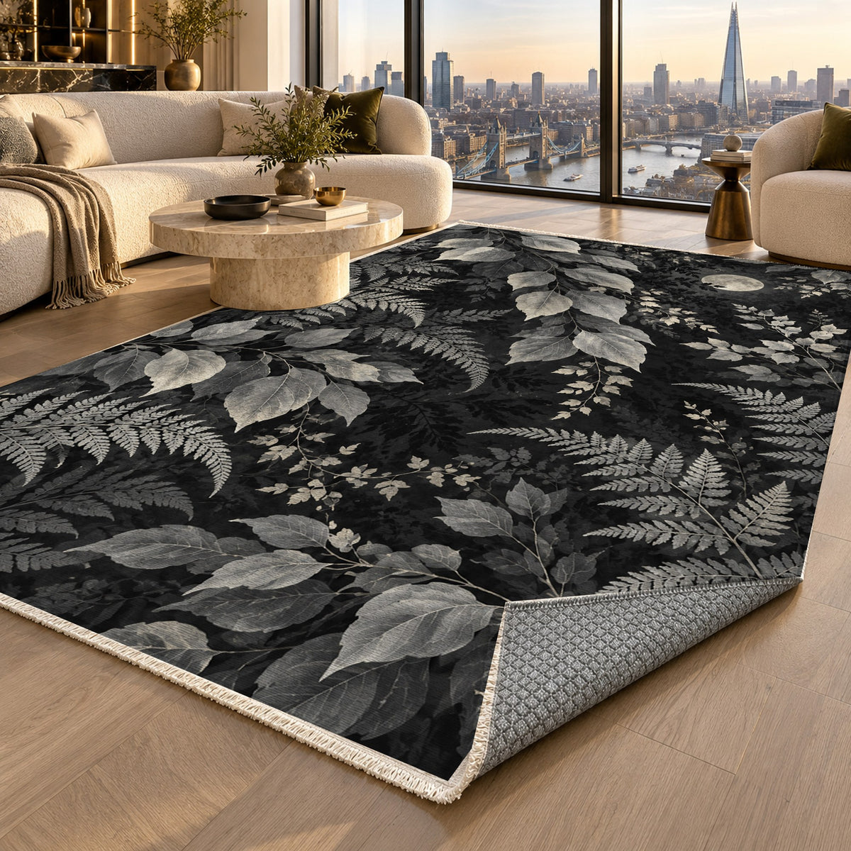 Night Forest Charcoal Floral Washable Rug — london luxury living