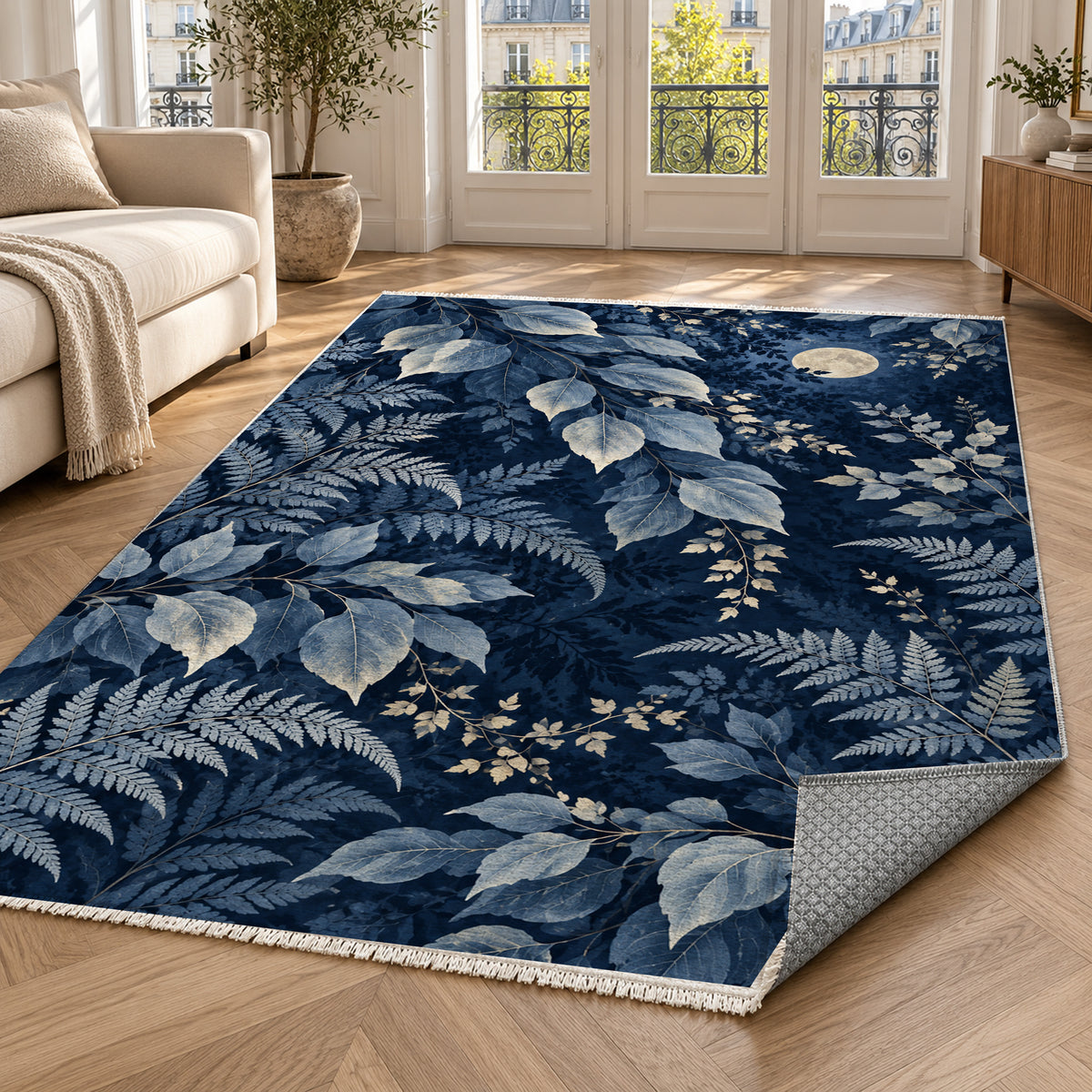 Night Forest Indigo Floral Washable Rug — paris living