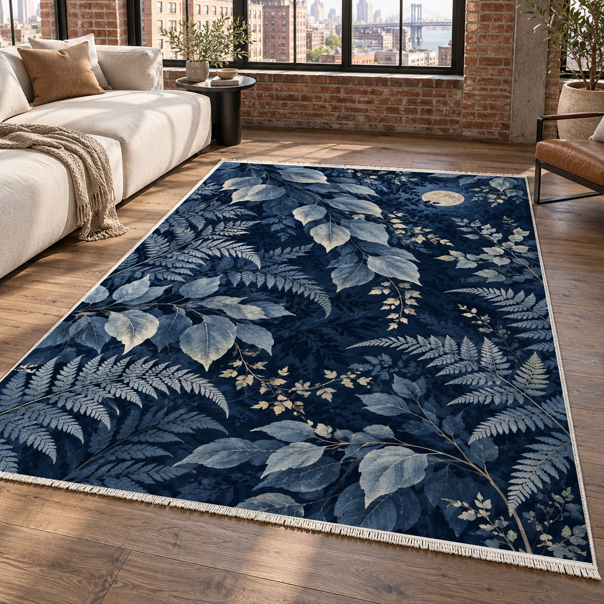 Night Forest Indigo Floral Washable Rug — new york living