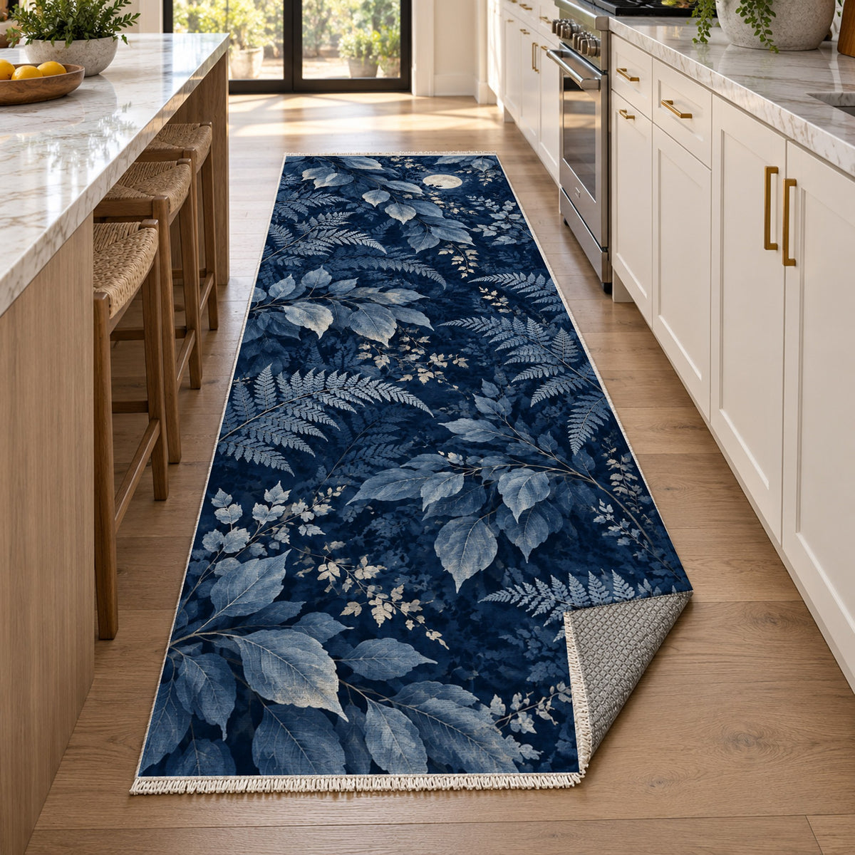Night Forest Indigo Floral Washable Rug — new york kitchen runner