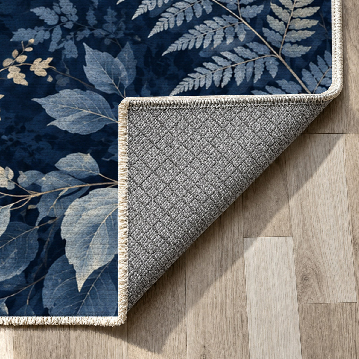 Night Forest Indigo Floral Washable Rug — backing close up