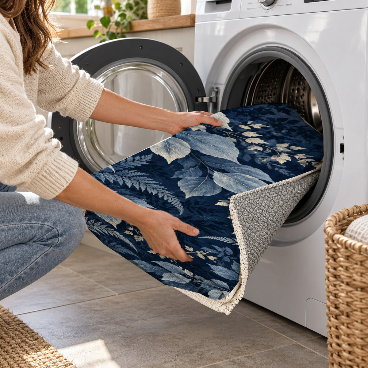Night Forest Indigo Floral Washable Rug — washing machine
