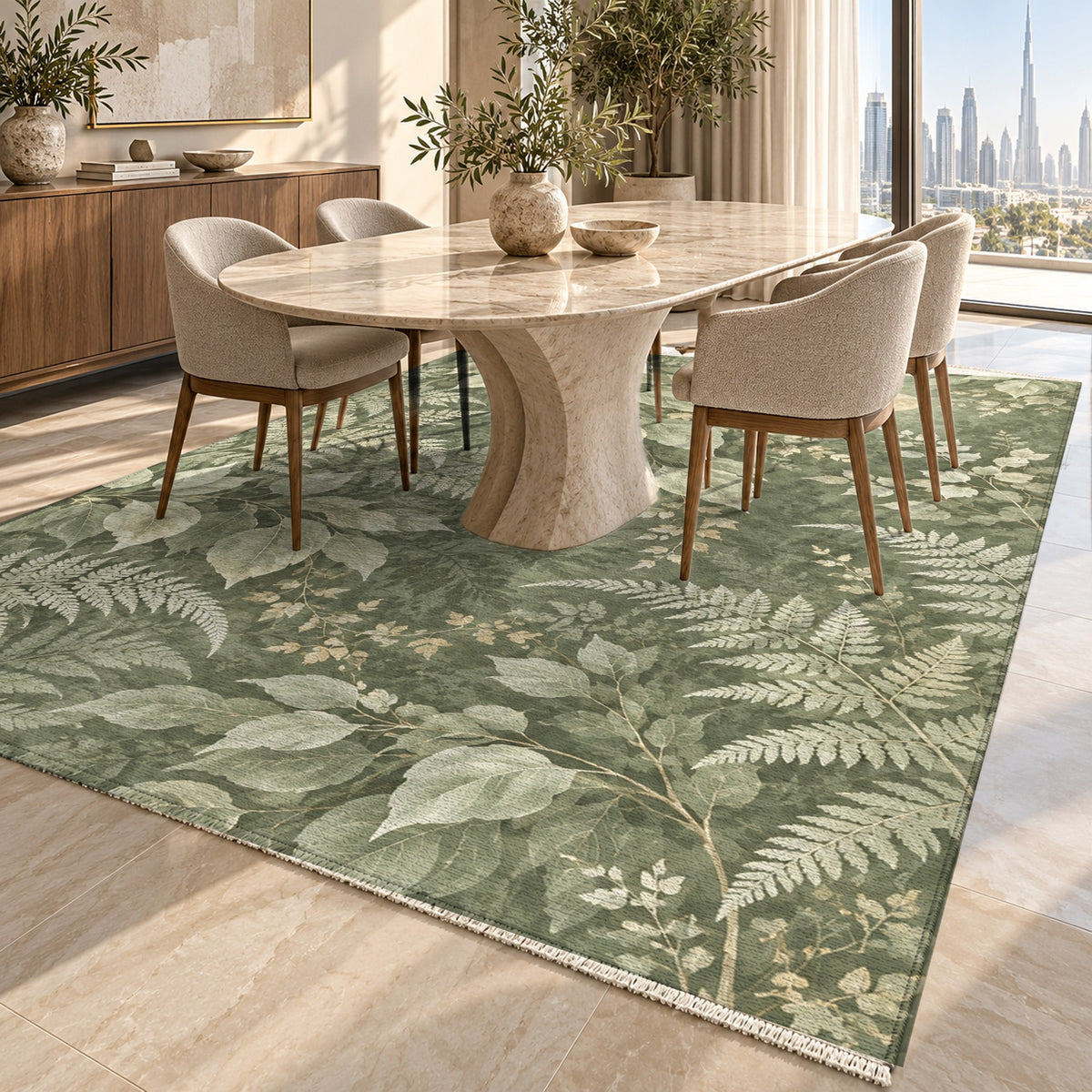 Night Forest Sage Floral Washable Rug — dubai dining