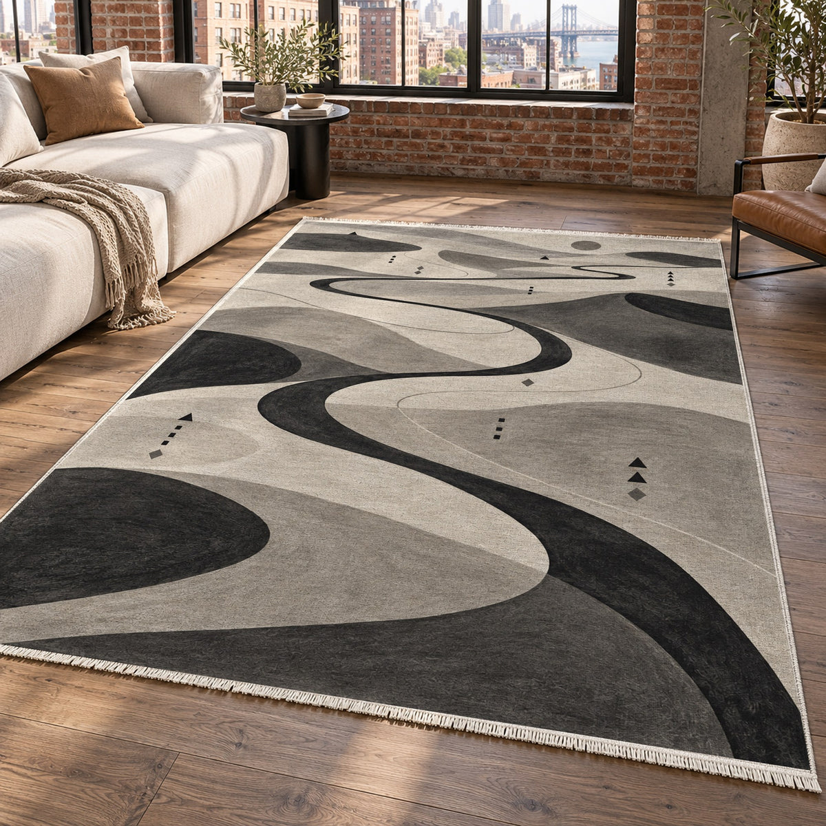 Nomad Paths Charcoal Modern Washable Rug — new york living