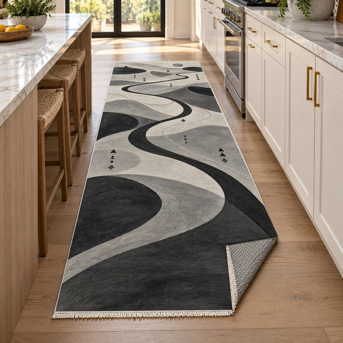 Nomad Paths Charcoal Modern Washable Rug — new york kitchen runner