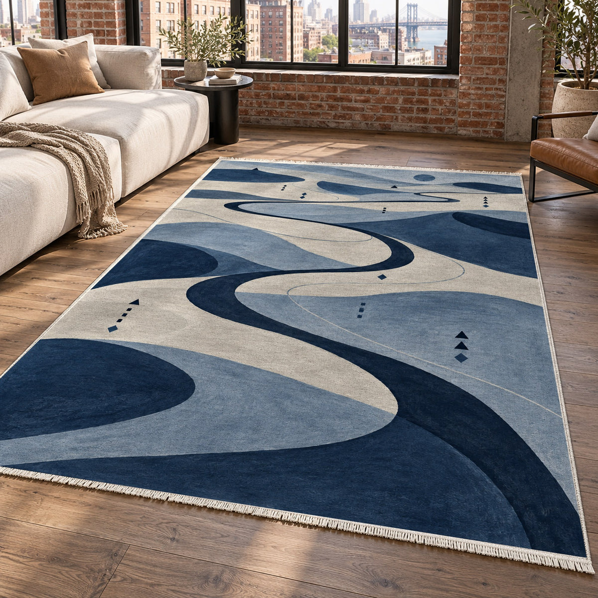 Nomad Paths Indigo Modern Washable Rug — new york living