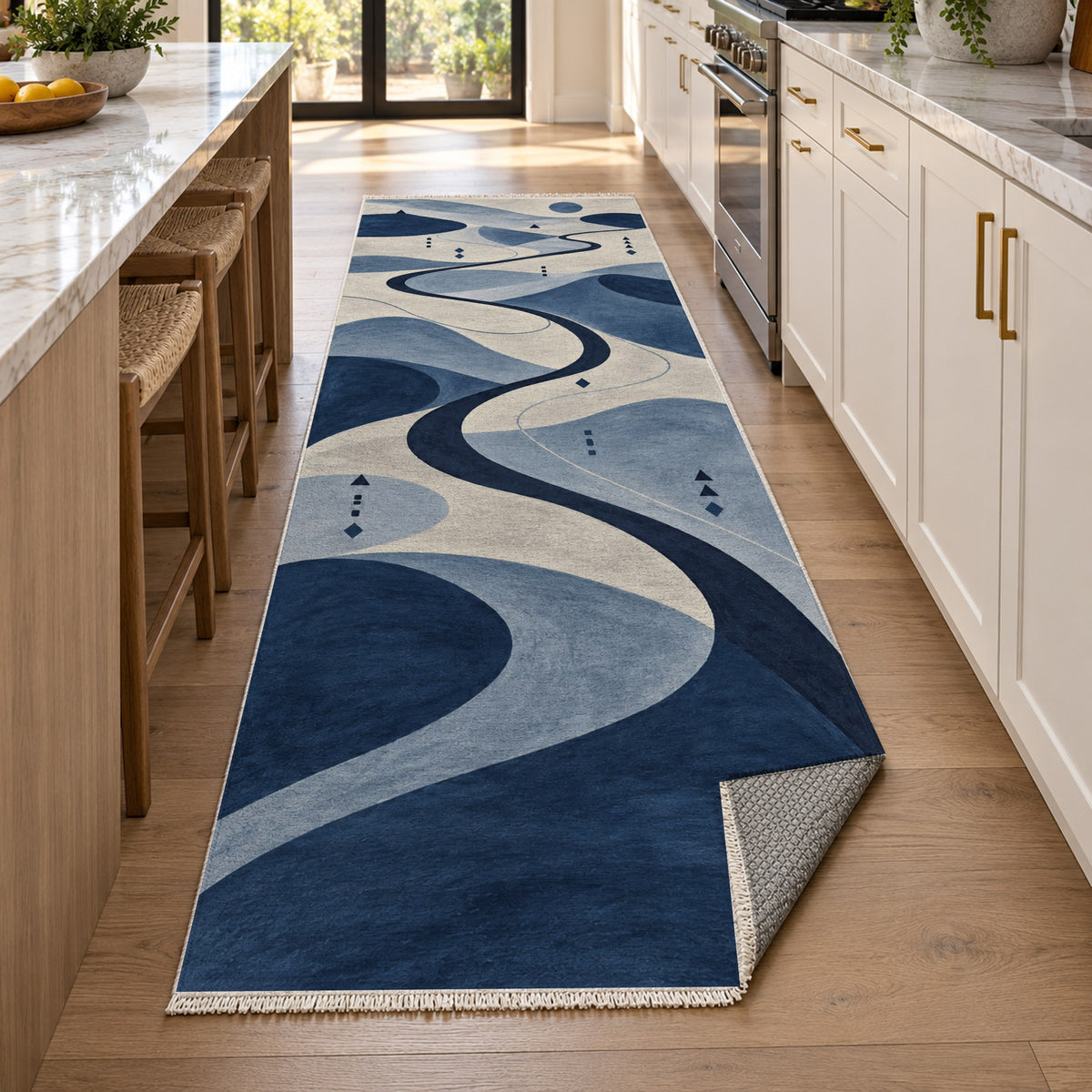 Nomad Paths Indigo Modern Washable Rug — new york kitchen runner