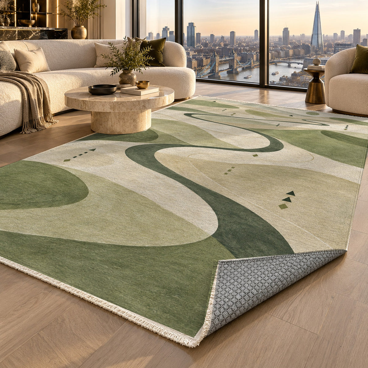 Nomad Paths Sage Modern Washable Rug — london luxury living