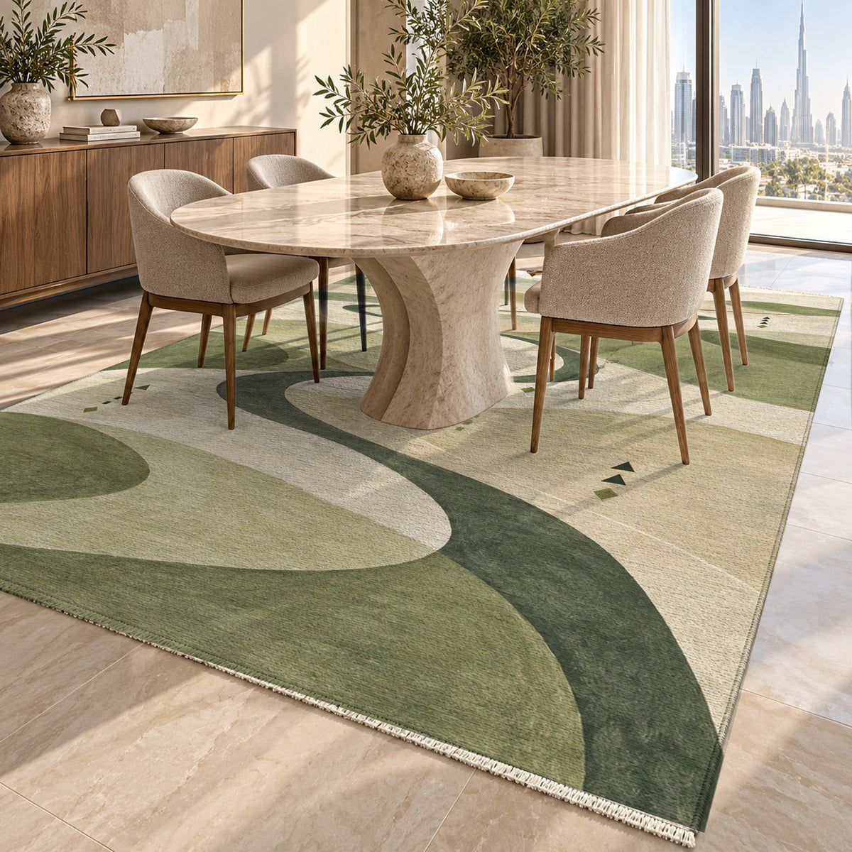 Nomad Paths Sage Modern Washable Rug — dubai dining
