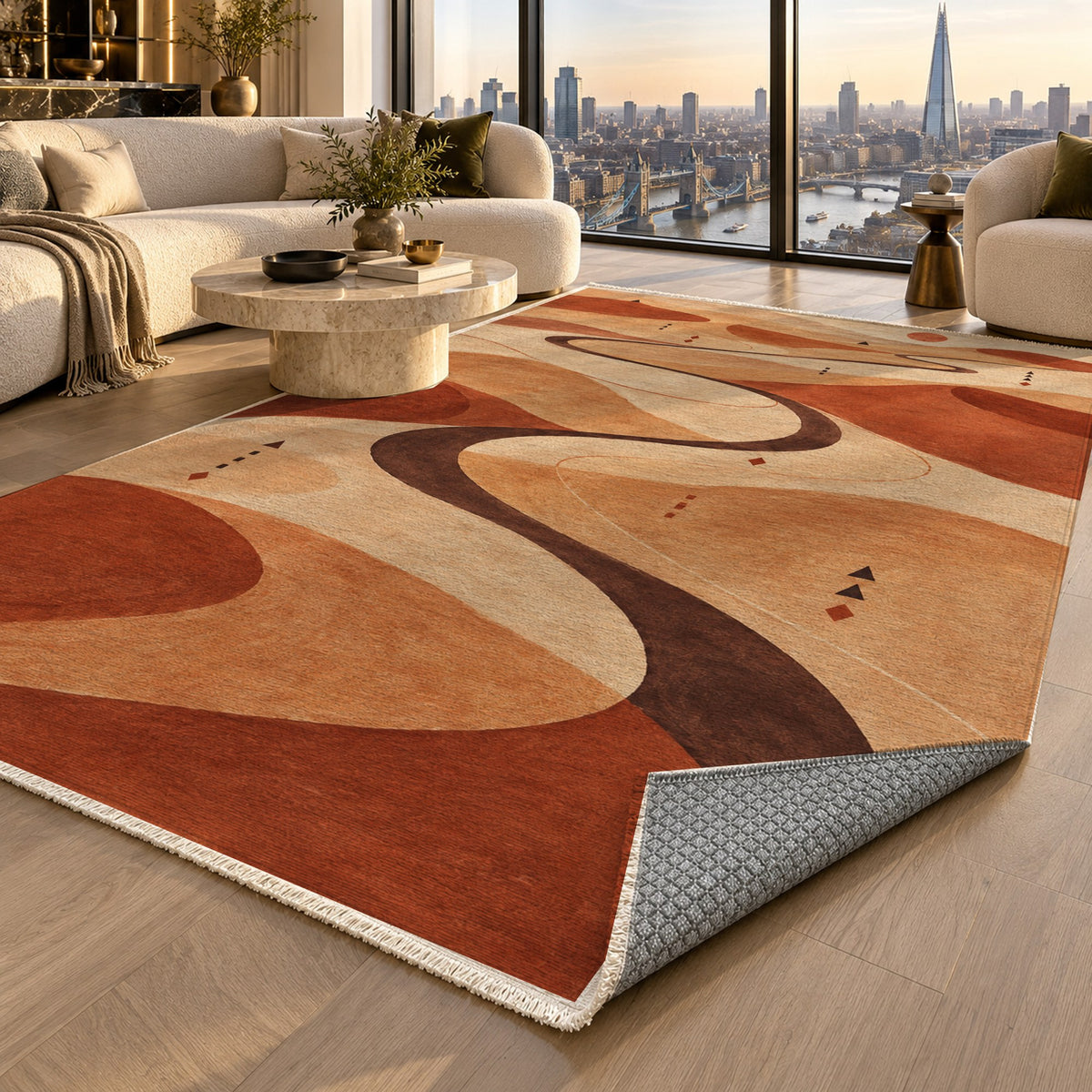 Nomad Paths Terracotta Modern Washable Rug — london luxury living