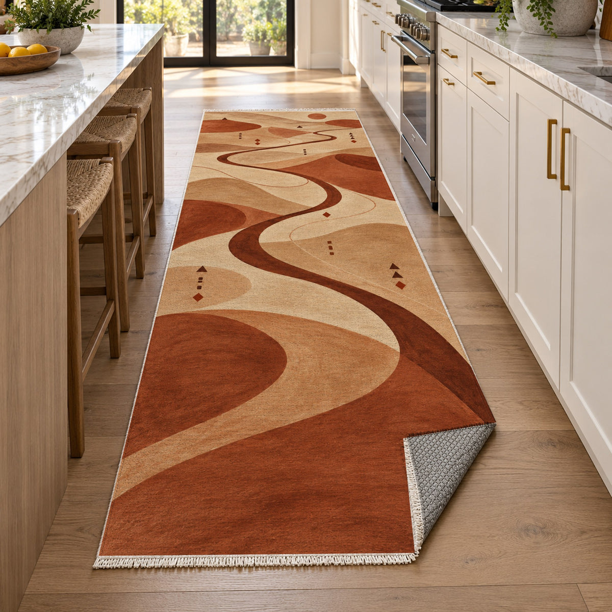 Nomad Paths Terracotta Modern Washable Rug — new york kitchen runner