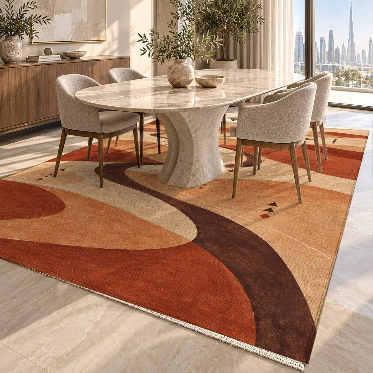Nomad Paths Terracotta Modern Washable Rug — dubai dining