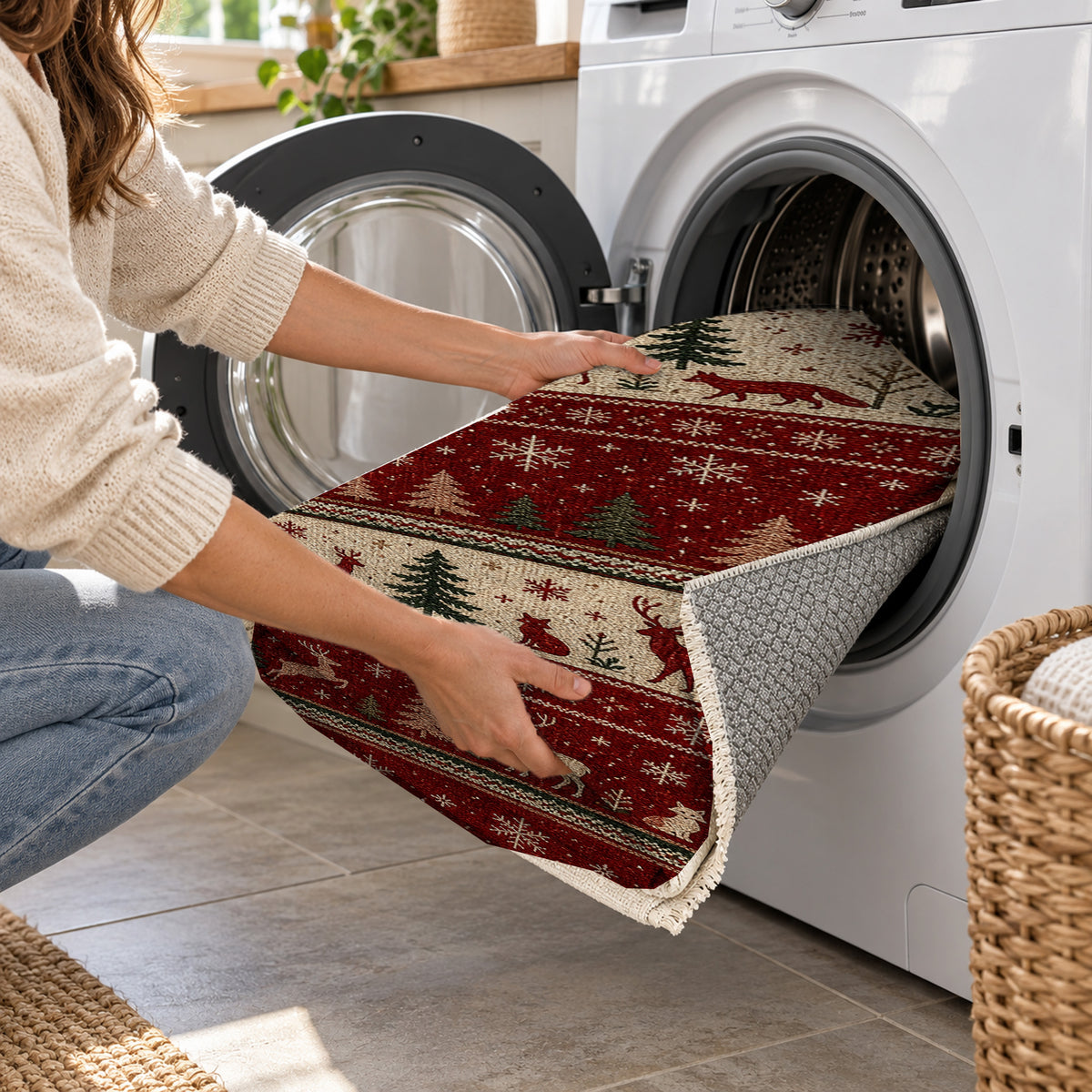 Nordic Crimson Washable Rug — washing machine