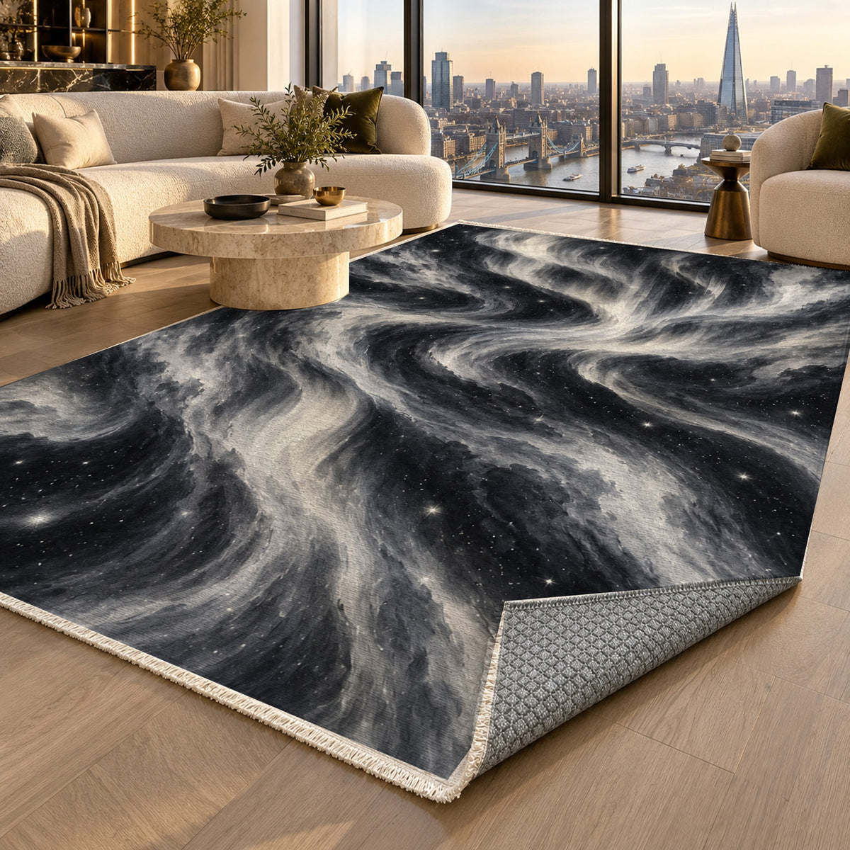 Northern Sky Charcoal Abstract Washable Rug — london luxury living