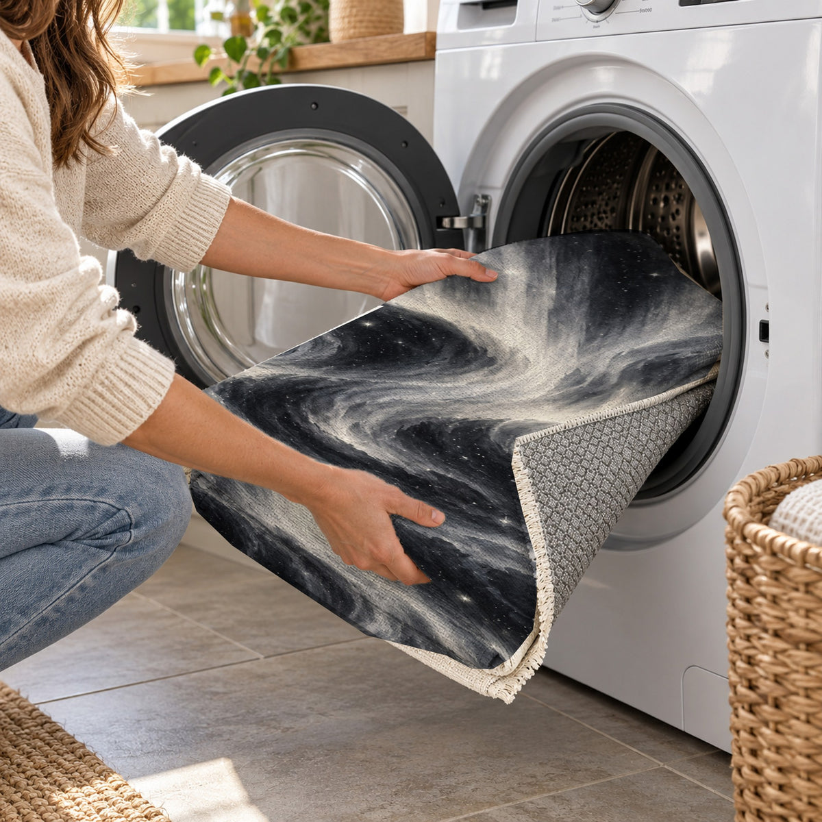 Northern Sky Charcoal Abstract Washable Rug — washing machine
