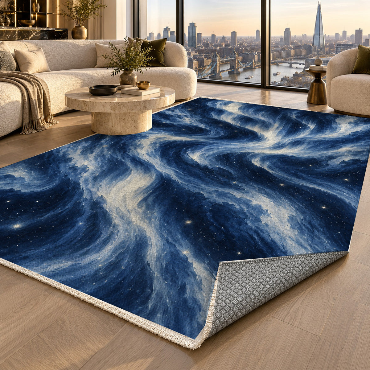Northern Sky Indigo Abstract Washable Rug — london luxury living