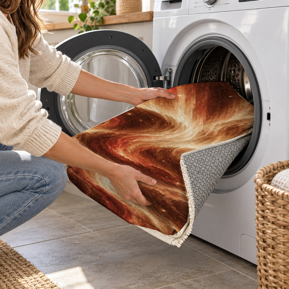 Northern Sky Terracotta Abstract Washable Rug — washing machine