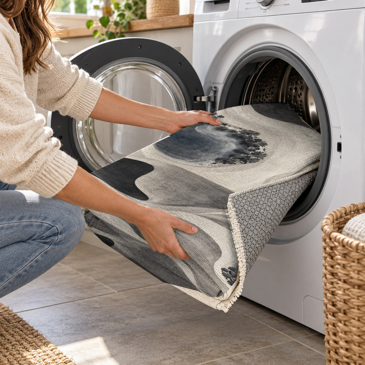 Oasis Shapes Charcoal Modern Washable Rug — washing machine