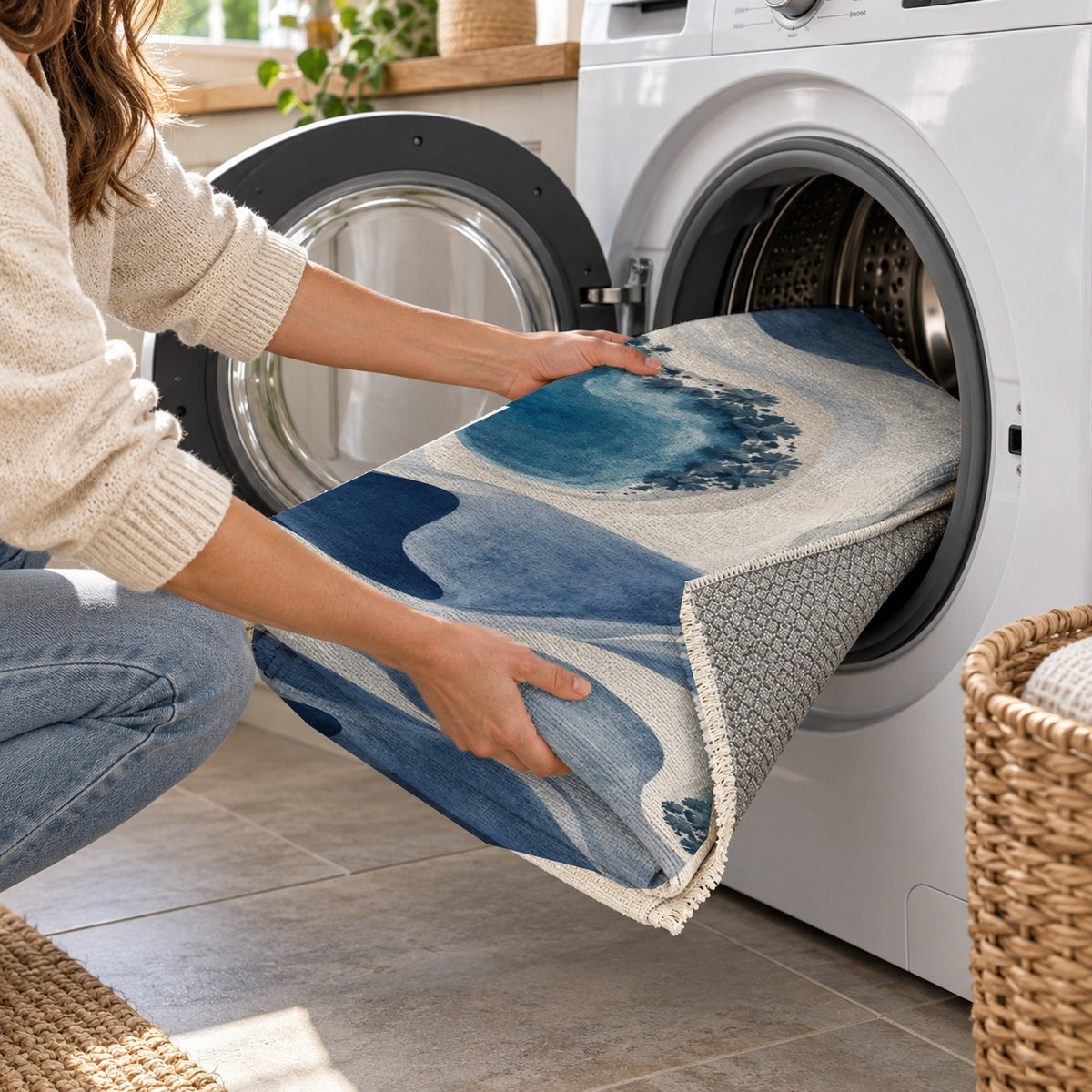 Oasis Shapes Indigo Modern Washable Rug — washing machine