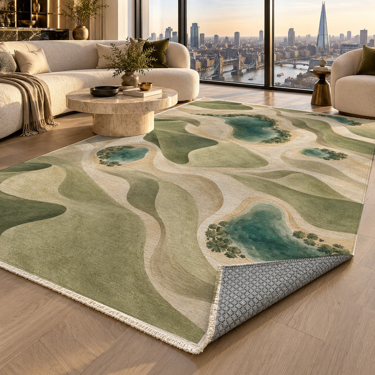 Oasis Shapes Sage Modern Washable Rug — london luxury living