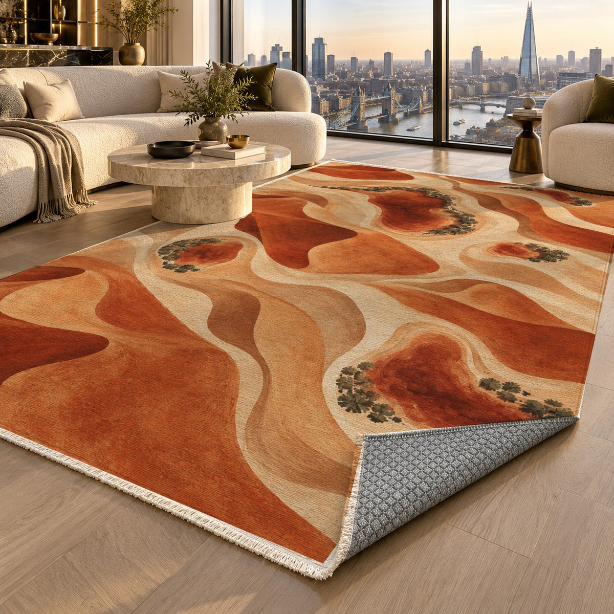 Oasis Shapes Terracotta Modern Washable Rug — london luxury living