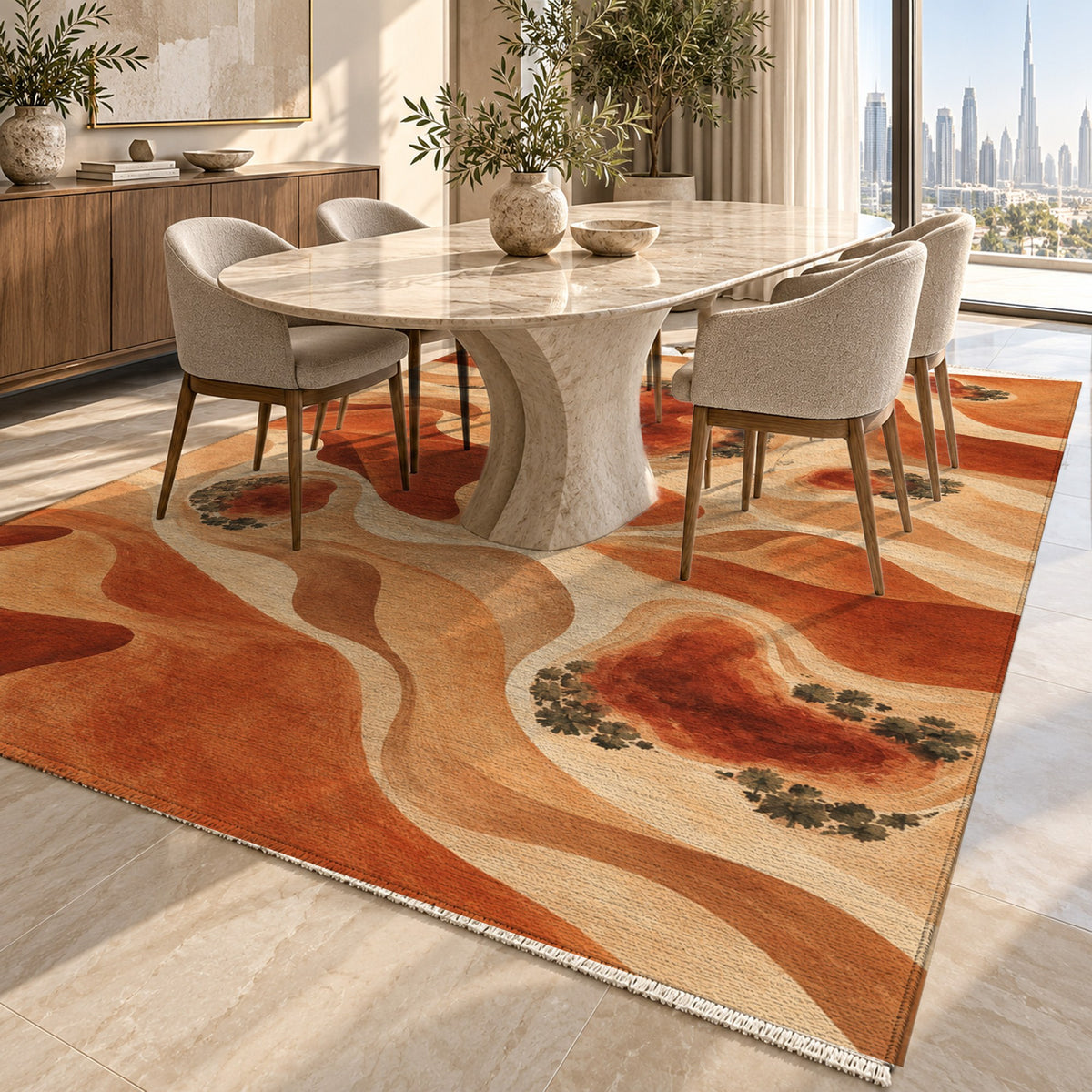 Oasis Shapes Terracotta Modern Washable Rug — dubai dining
