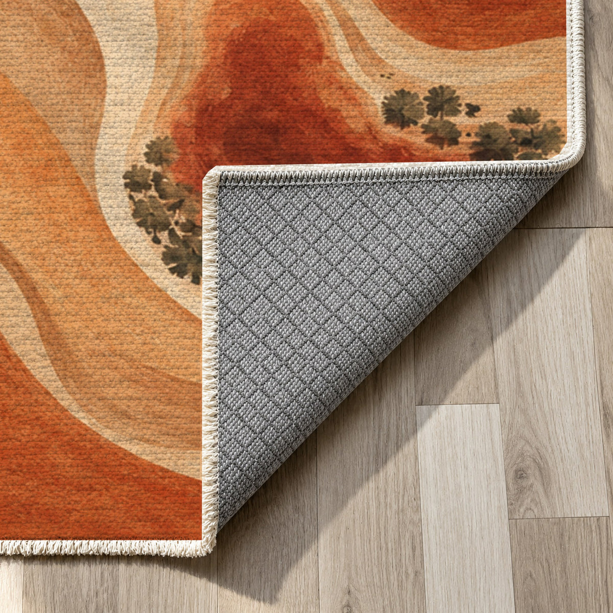 Oasis Shapes Terracotta Modern Washable Rug — backing close up