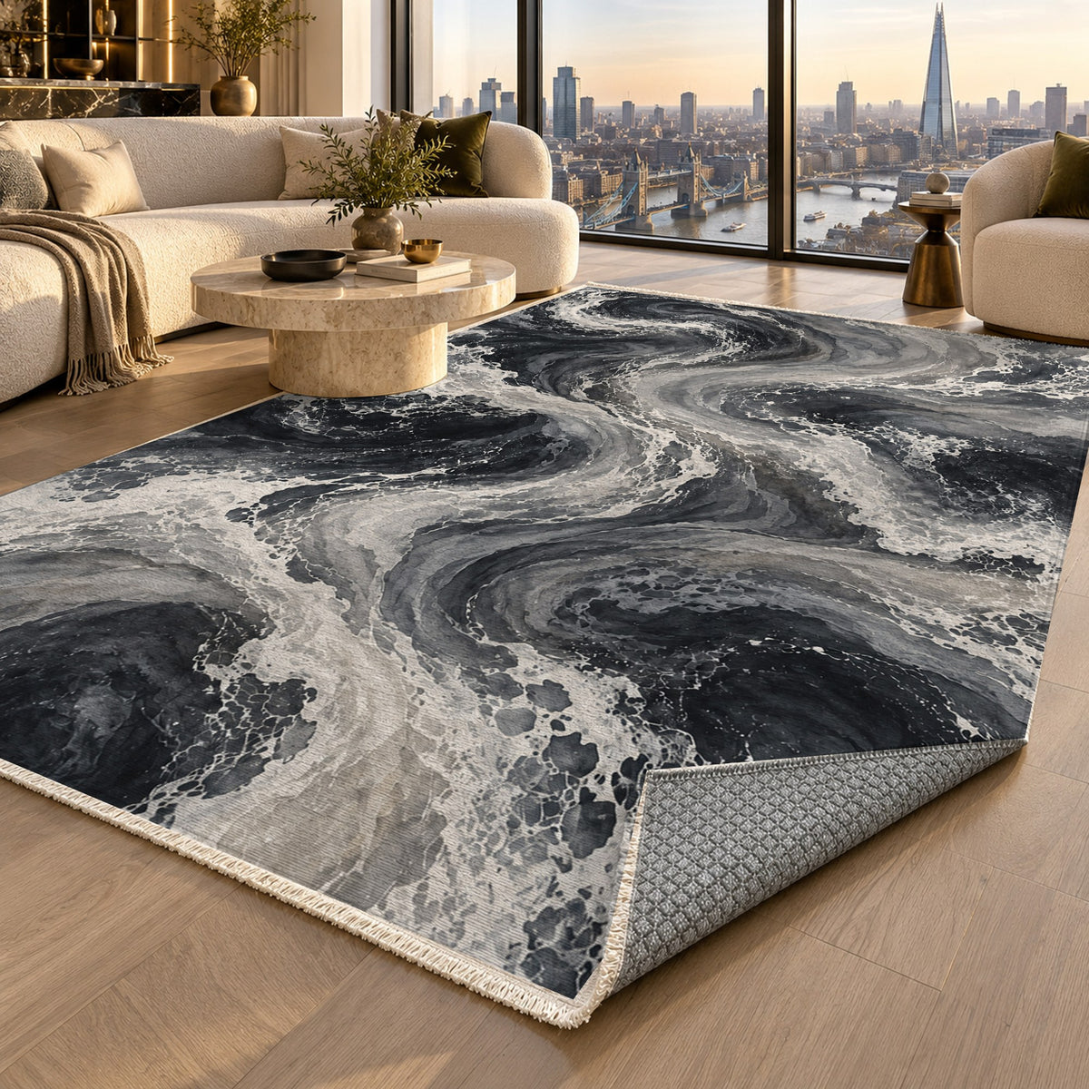 Ocean Currents Charcoal Abstract Washable Rug — london luxury living